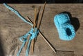 Knitting of socks of blue wool