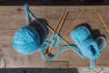 Knitting of socks of blue wool