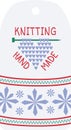 Knitting tag design heart shapes, snowflakes, text. Craft label handmade items winter theme