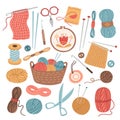 Knitting threads. Knit sewing, wool yarn balls. Isolated cartoon handicraft accessories, crochet needlework hobby tools