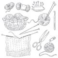 Knitting tools and threads isolated sketches, sewing and cross stitching