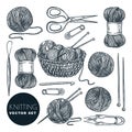 Knitting tools, wool yarn, isolated on white background. Vector sketch illustration. Handmade needlework design elements