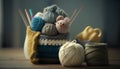 Knitting wool balls and knitting needles on wooden table, closeup