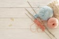 Knitting wool and knitting needles in pastel blue and pink colors Royalty Free Stock Photo