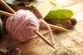 Knitting wool and needles on table Royalty Free Stock Photo