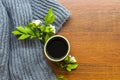 Knitting wool scarf with hot coffee espresso of lifestyle woman relax in winter