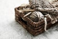 Knitting yarn and needles in wicker basket Royalty Free Stock Photo