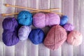 Knitting yarn with needles on wooden table Royalty Free Stock Photo