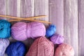 Knitting yarn with needles on wooden table Royalty Free Stock Photo