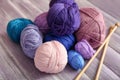 Knitting yarn with needles on wooden table Royalty Free Stock Photo