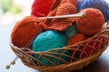 Knitwork tools and thread balls in a basket Royalty Free Stock Photo