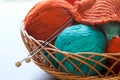 Knitwork tools and thread balls in a basket Royalty Free Stock Photo