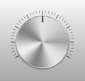 Knob of volume. Metal button of music. Dial for sound. Chrome steel texture for ui. Control of level of audio. Realistic round Royalty Free Stock Photo