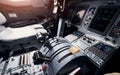 Knobs and buttons. Close up focused view of airplane cockpit Royalty Free Stock Photo