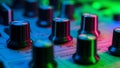 Macro view of audio mixing console control knobs under vibrant blue, pink, and green lights Royalty Free Stock Photo