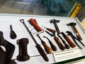 Knock Ireland display of harness makers tools including vintage leatherwork and hardware set Royalty Free Stock Photo