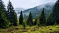 Majestic Knoll With Deciduous Trees And Firs In Rainy Weather