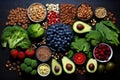 Knolling of high fiber foods : Walnuts, Broccoli, Beans, Berries, Avocado, Popcorn, Apples - AI Generated