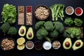 Knolling of high fiber foods : Walnuts, Broccoli, Beans, Berries, Avocado, Popcorn, Apples - AI Generated