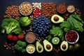 Knolling of high fiber foods : Walnuts, Broccoli, Beans, Berries, Avocado, Popcorn, Apples - AI Generated