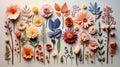 Knolling layout, bouquet of flowers pattern, AI generated