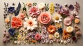 Knolling layout, bouquet of flowers pattern, AI generated