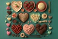 Knolling layout valentines dishes with strawberries and chocolates on plates. Generative AI