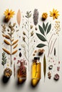 Knolling, medical herbs, bottles with remedies, pharmacy objects on off white background, AI generative