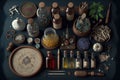 Knolling Medieval Apotheke Pharmacy Objects, Herbs, Powders, Bottles and Measuring tools, AI Generative