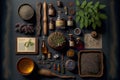 Knolling Medieval Apotheke Pharmacy Objects, Herbs, Powders, Bottles and Measuring tools, AI Generative