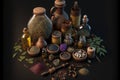 Knolling Medieval Apotheke Pharmacy Objects, Herbs, Powders, Bottles and Measuring tools, AI Generative