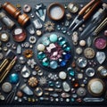 Knolling picture showing precious stones and gems. Laid out on a dark slate counter