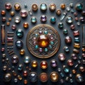 Knolling picture showing precious stones and gems. Laid out on a dark slate counter