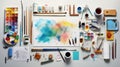 Knolling picture showing drawing equipment and paper. Theme colour is light blue Royalty Free Stock Photo