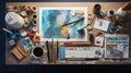 Knolling picture showing drawing equipment and paper. Theme colour is light blue