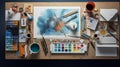 Knolling picture showing drawing equipment and paper. Theme colour is light blue Royalty Free Stock Photo