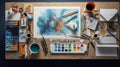 Knolling picture showing drawing equipment and paper. Theme colour is light blue