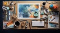 Knolling picture showing drawing equipment and paper. Theme colour is light blue Royalty Free Stock Photo