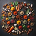 Knolling picture showing Indian spices. Laid out on a dark slate counter