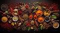 Knolling picture showing Indian spices. Laid out on a dark slate counter