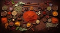 Knolling picture showing Indian spices. Laid out on a dark slate counter