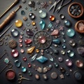 Knolling picture showing precious stones and gems. Laid out on a dark slate counter