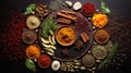 Knolling picture showing Indian spices. Laid out on a dark slate counter