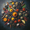 Knolling picture showing Indian spices. Laid out on a dark slate counter