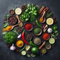 Knolling picture showing Indian spices. Laid out on a dark slate counter