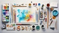 Knolling picture showing drawing equipment and paper. Theme colour is light blue Royalty Free Stock Photo