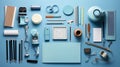 Knolling picture showing drawing equipment and paper. Theme colour is light blue