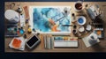 Knolling picture showing drawing equipment and paper. Theme colour is light blue