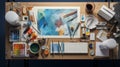 Knolling picture showing drawing equipment and paper. Theme colour is light blue Royalty Free Stock Photo