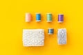 Knolling Sewing Crafts Hobbies Fashion Clothing Background With White Cotton Lace Rolls Wooden Vintage Spools With Threads